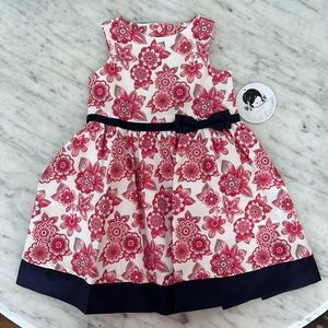 New Sarah Louise Girls Pink Floral and Navy Trim Dress